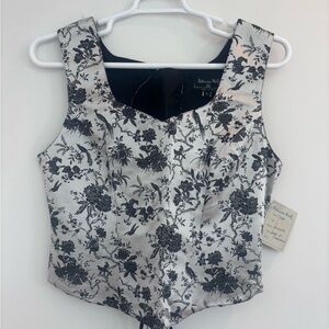 NWT Patricia Woll Black and White Floral Bird Corset Vest Top Size L
